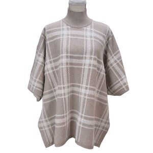 Rachel Zoe Pull Over Poncho Sweater One Size Cream Tan Window Pane Mock Neck
